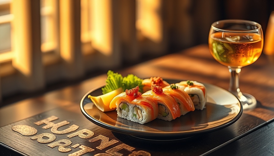 Elegant sushi and drink setup in Dallas entertainment scene.