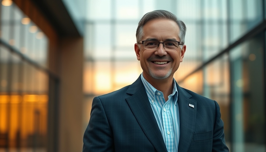 Middle-aged man smiling in front of modern hospital building.