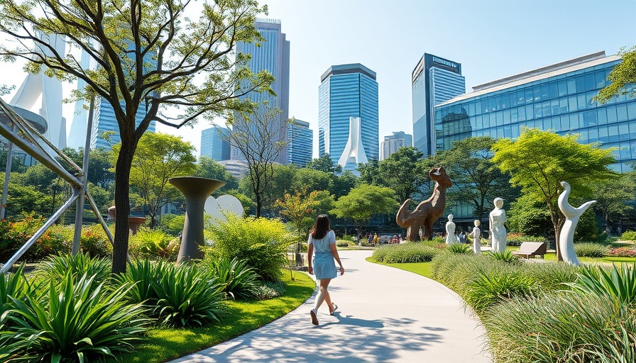 Mueller urban village transformation park scenery with sculptures.