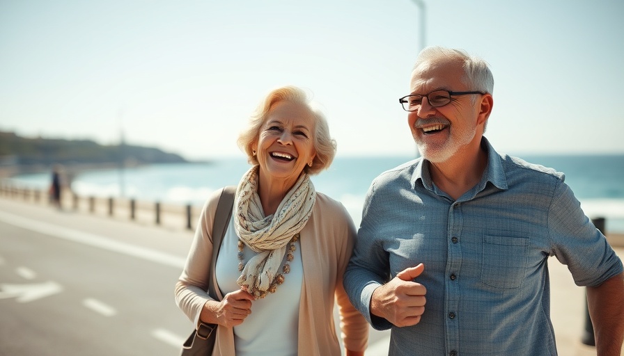 Smiling couple brisk walking by seaside, illustrating fast walking benefits.