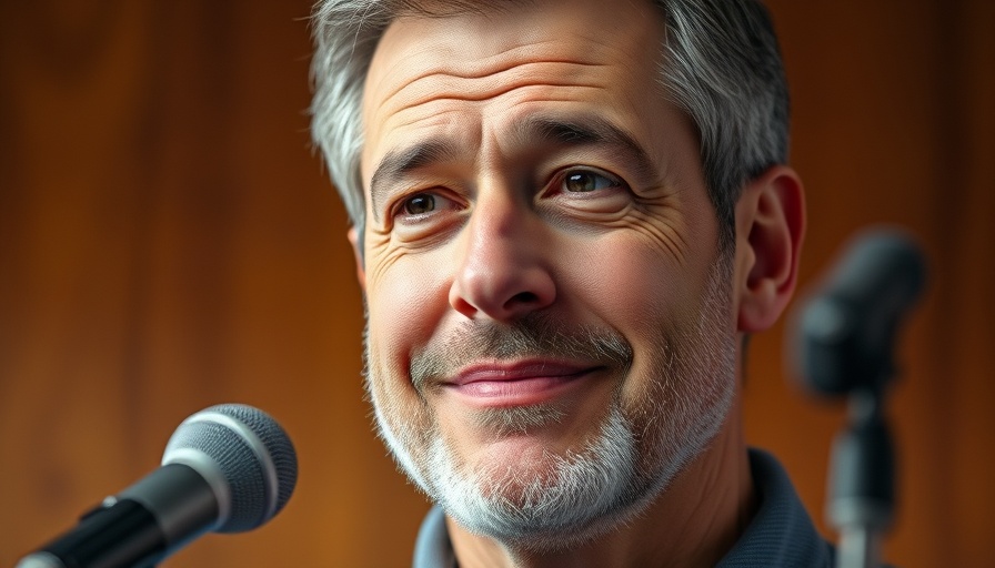 Middle-aged man speaking into a microphone with a warm wooden background.