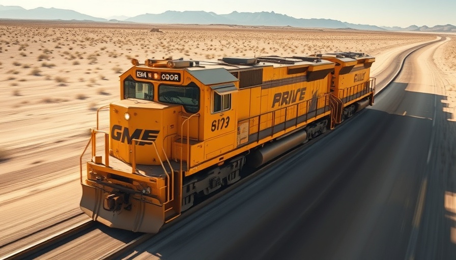 A Union Pacific train traveling through a desert, highlighting its journey.