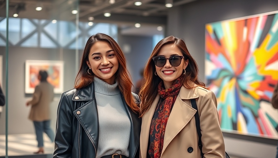 Two fashionable women at Austin art event, representing Austin lifestyle.
