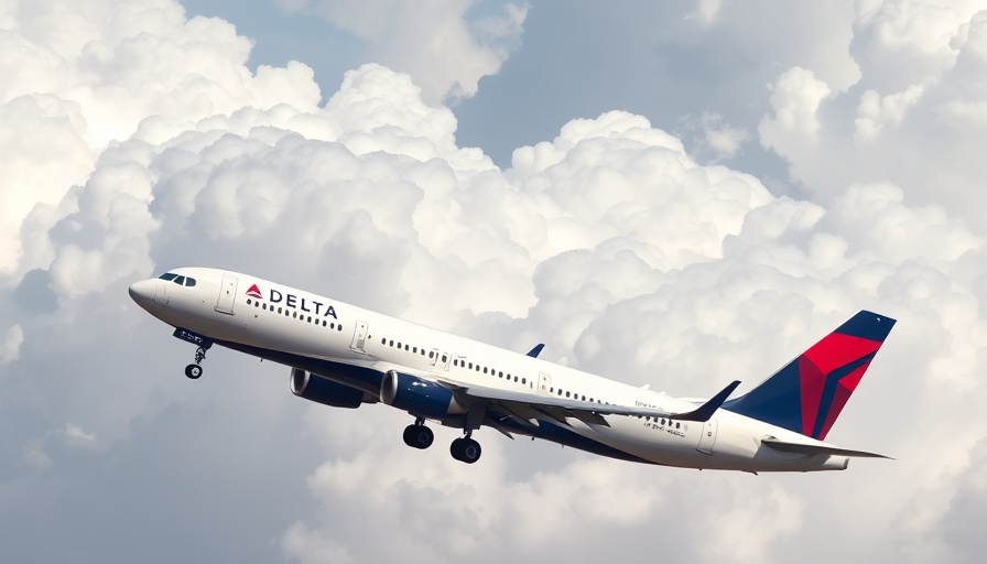 Delta airplane mid-flight with cloudy sky backdrop