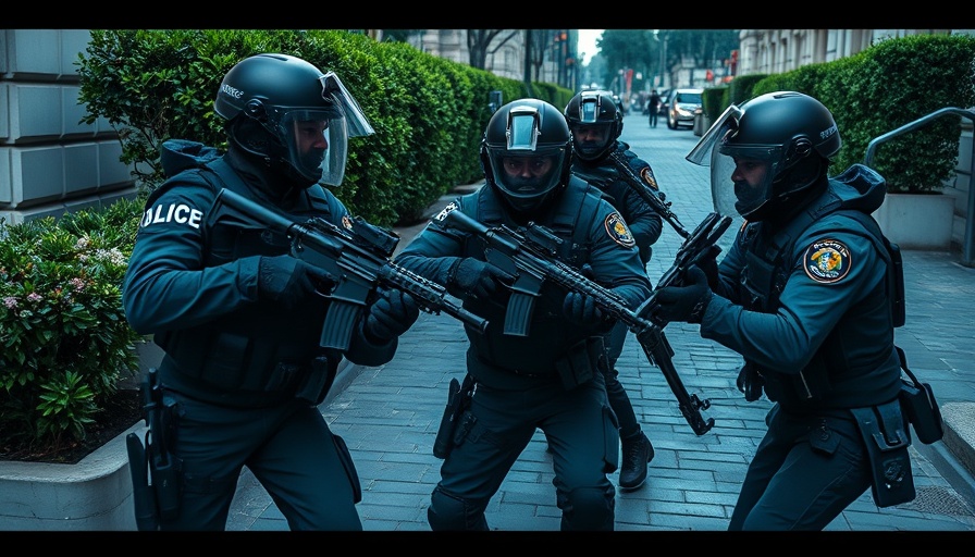 Law enforcement officers in tactical gear using a tool in urban setting.