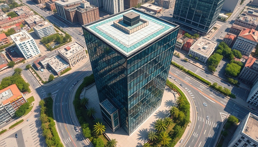 Top-down view of modern office building in urban setting.