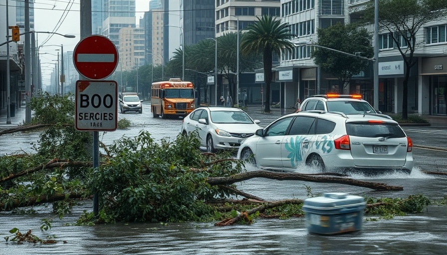 Flood scene emphasizing Texans emergency communication improvement initiatives.