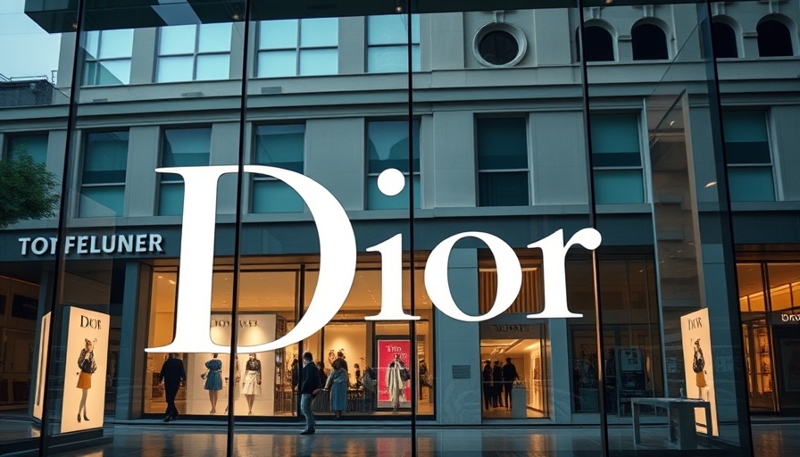 Reflective glass facade with Dior logo, luxury architecture.