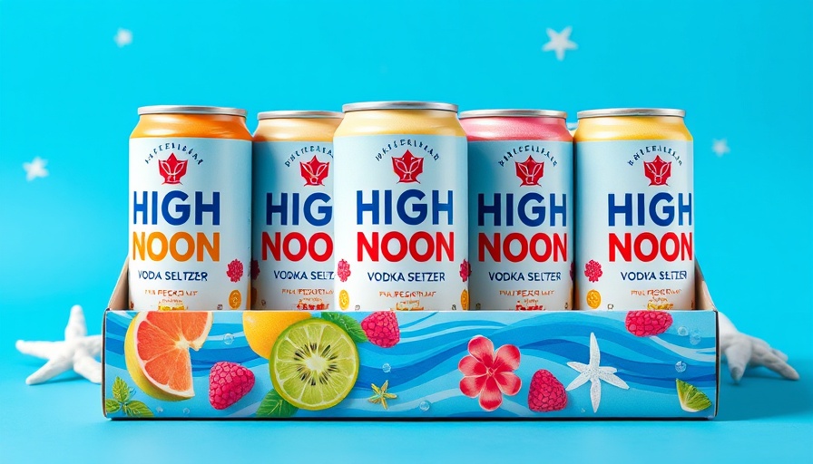 High Noon vodka seltzer cans display with fruit flavors.