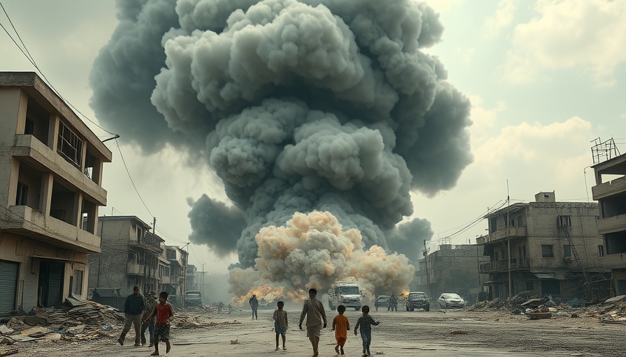 Smoke fills the sky in urban area amid conflict.