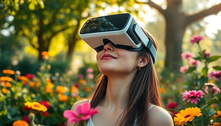 Woman meditating with VR headset for pain relief without pills in a garden