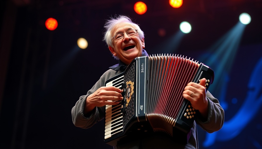 Flaco Jimenez playing Tejano music on accordion, vibrant stage.