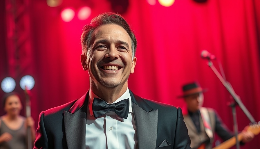 Smiling man in suit on stage in vibrant concert setting.