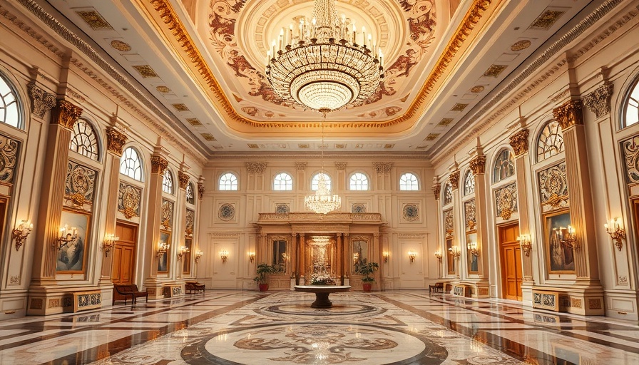 Luxurious White House ballroom renovation with chandelier and marble floors.