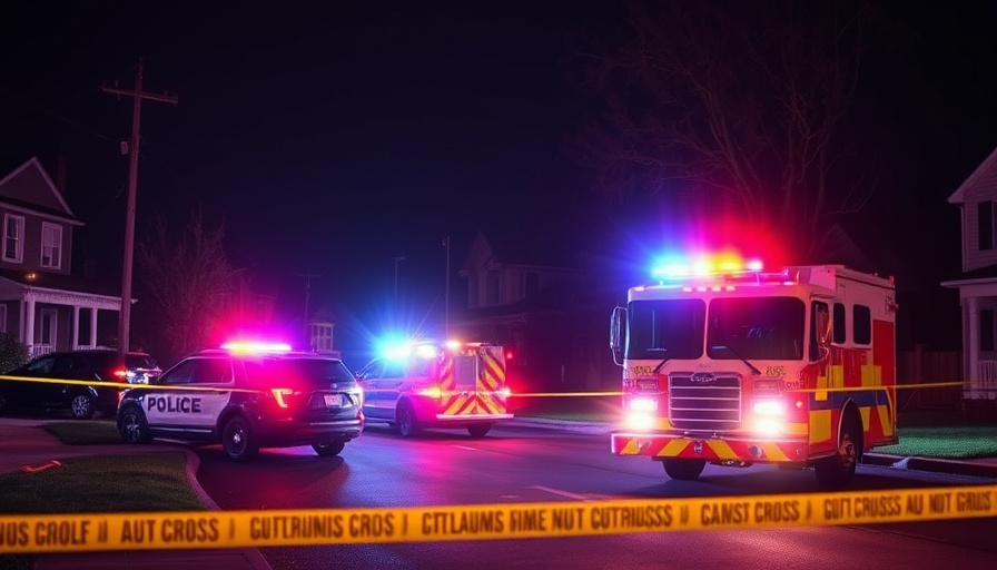 Crime scene at night with police and fire trucks, vivid lights.