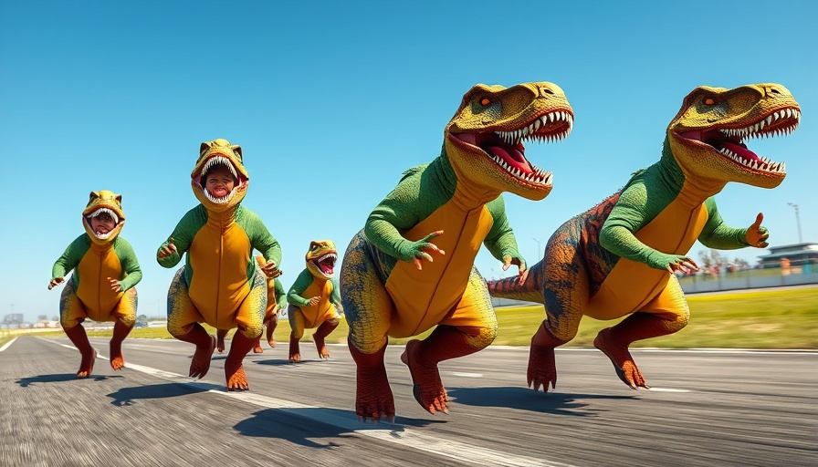 T-Rex World Championships, people in T-Rex costumes racing.