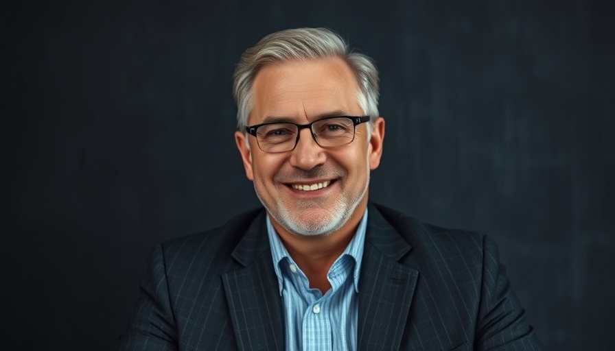 Middle-aged businessman smiling confidently, Houston business news, seated against a dark background.