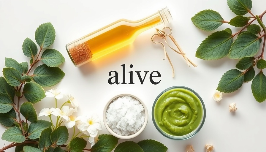 Minimalist 'alive' logo surrounded by natural health elements.