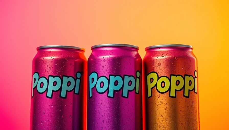 Poppi cans in colorful display related to class action lawsuit.