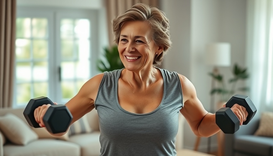 Confident older woman exercising at home to stay healthy while aging.