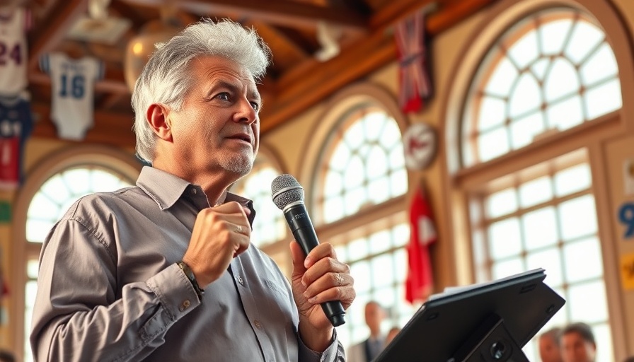 Speaker presenting in an indoor venue with sports items