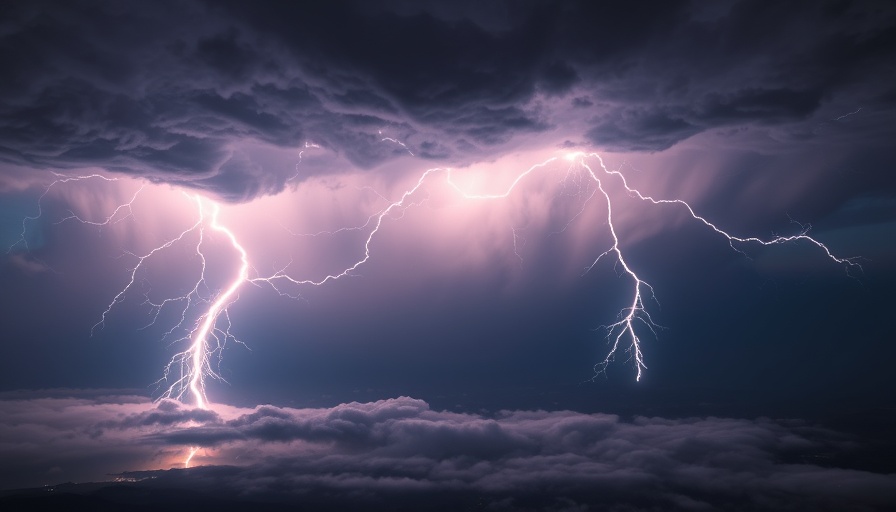 Dramatic megaflash lightning brightens dark night sky.