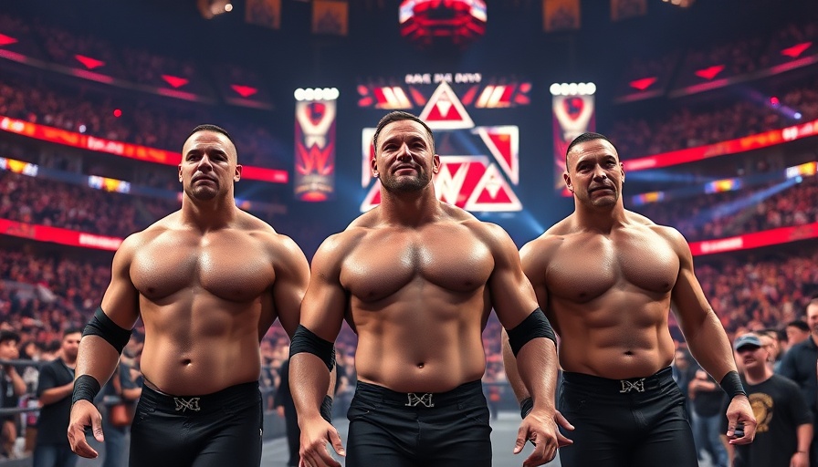 Charismatic men in action at WWE event, vibrant lights, dynamic crowd scene.