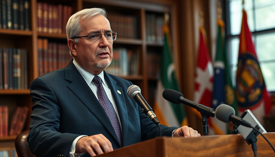Breaking US news: Man speaking at a press conference, formal setting.