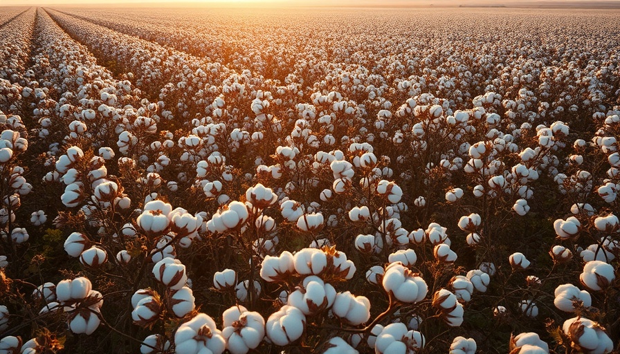 Aerial view of cotton field during sunset, showing ripe bolls and expansive farmland.