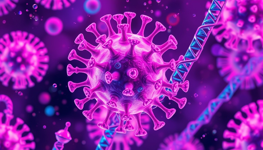Viral structures and DNA in scientific illustration for HTLV-1 silencer HIV treatment.