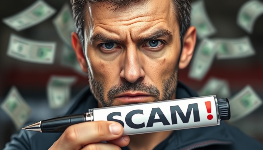 Ozempic pricing scam warning image with concerned man holding pen.