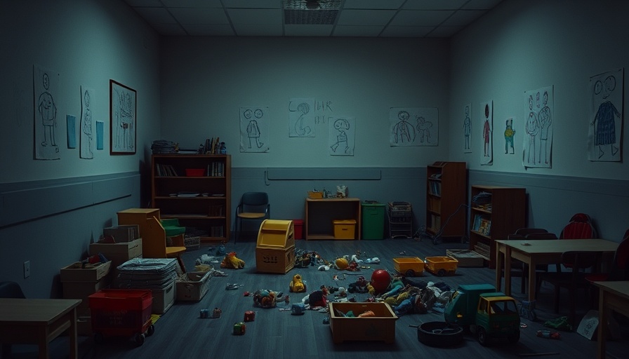 Daycare room with toys, somber mood, child endangerment scene.