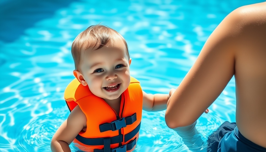 Child with life vest near pool for drowning prevention safety.