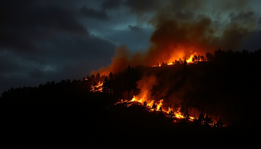 Pipe Creek wildfire news showing dramatic hillside blaze at night.