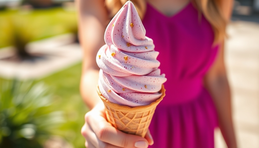 Lavender honey and bee pollen ice cream cone held by woman in magenta dress.