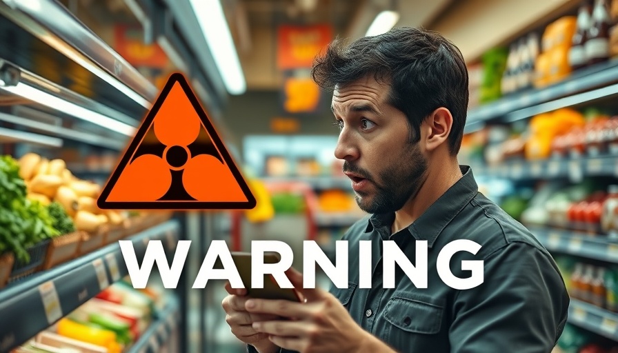 Shocked shopper in vegetable aisle, chemical hazard warning, legal immunity issue.