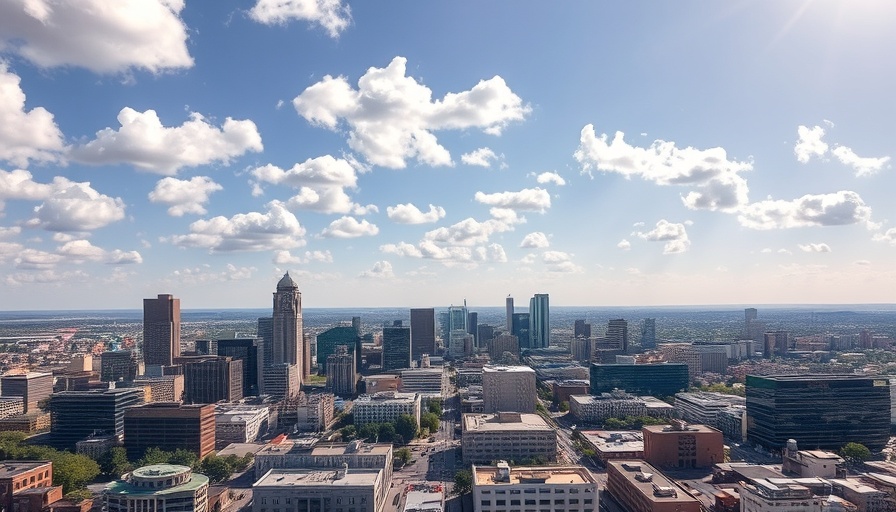Aerial view of San Antonio skyline and architecture under sunny skies.
