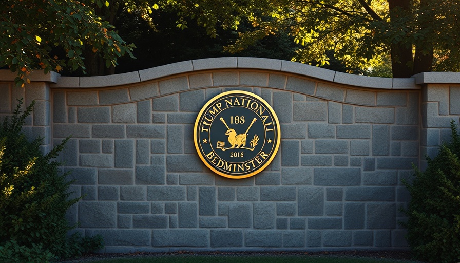 Elegant 'Trump National Golf Club Bedminster' sign in autumn setting.