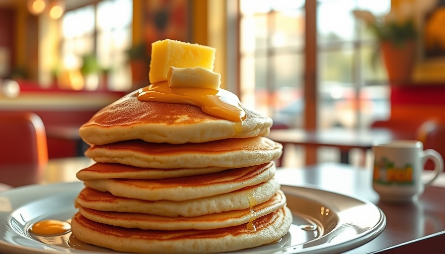 Stack of pancakes with butter in diner, morning light.