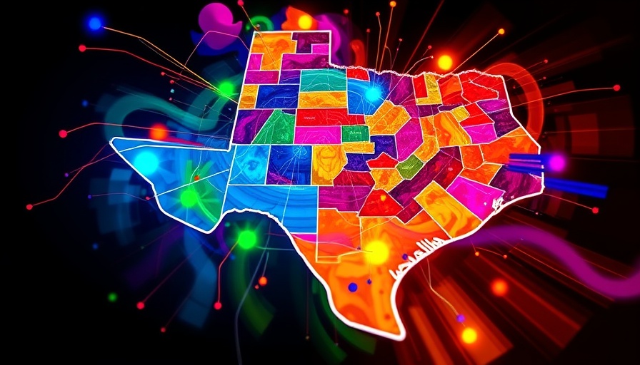 Texas congressional map redistricting with colorful abstract design.