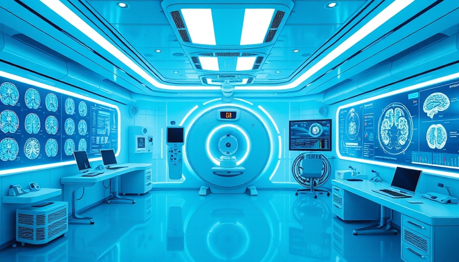 Futuristic radiology lab with AI-ready data display.