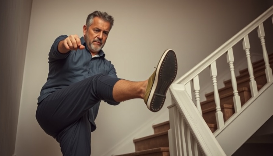 Middle-aged man demonstrating stair exercise to burn sugar and strengthen legs indoors.