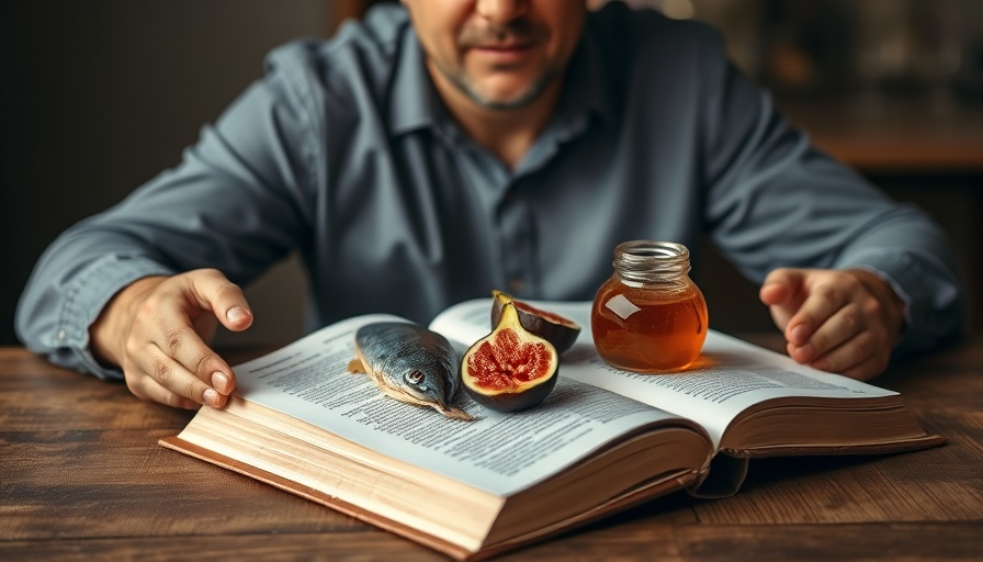 Biblio Diet concept with fish, fig, and honey for healthy aging.
