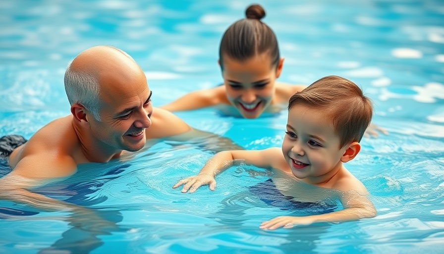 Swim instructor teaching a young child in a pool during a free swimming lesson in Houston.