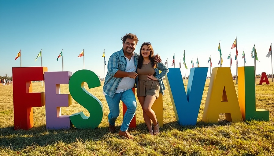 Young couple at ACL Fest 2025, posing by colorful letters with a clear sky.