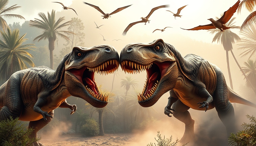 Giant dinosaurs in battle amid prehistoric forest.