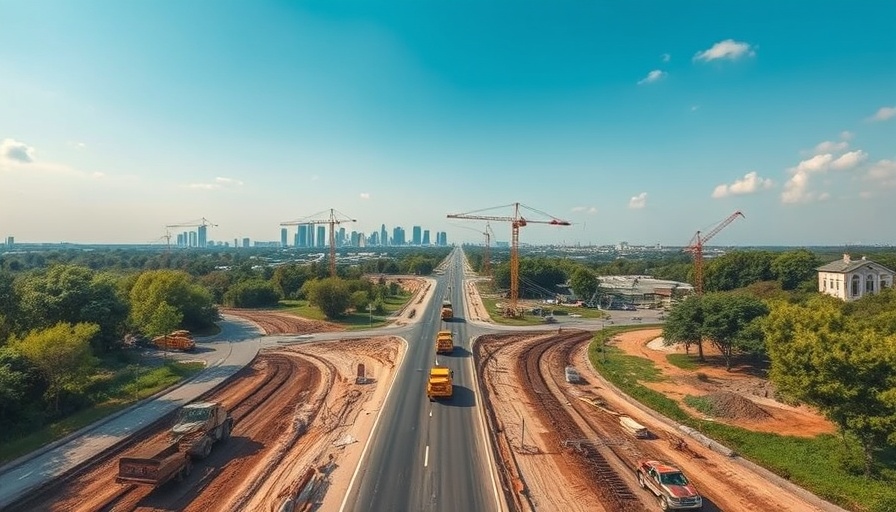 Austin Ross road improvements under sunny skies with cityscape.