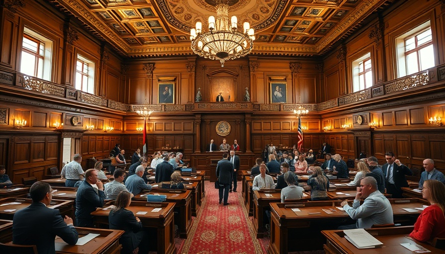 Legislative chamber with people discussing Texas redistricting.
