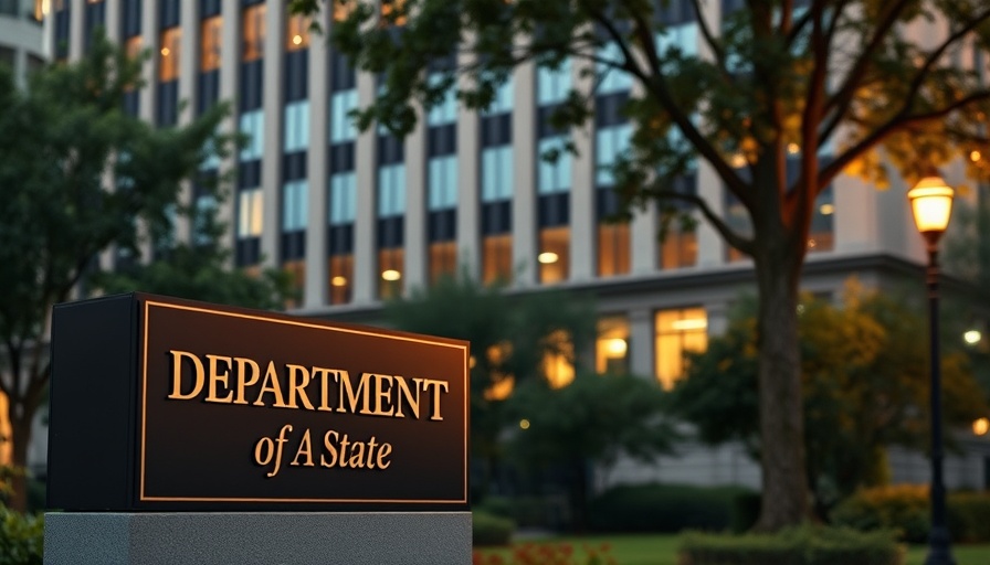 Illuminated Department of State sign at dusk near office building; foreign nutrition aid context.