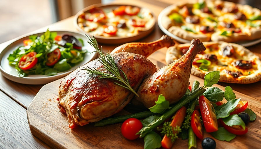 Austin lifestyle dining scene with roast chicken and pizza.